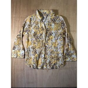 JM Collection Women Size 12 Floral Long Sleeve Button-Up Shirt Yellow Brown